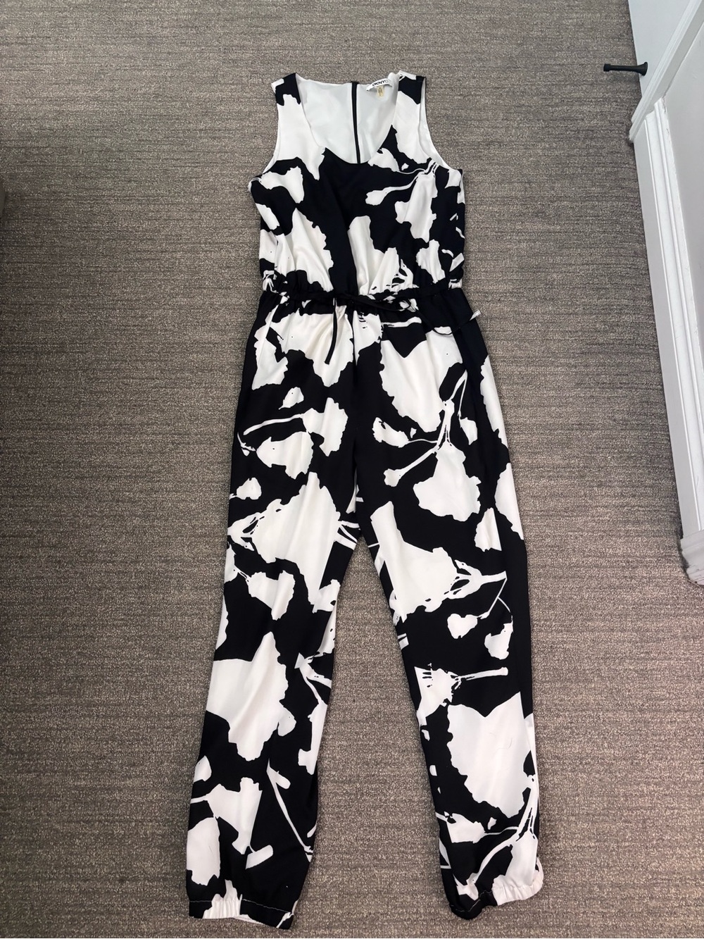 DKNY Black and White Floral-Print Sleeveless Jumpsuit